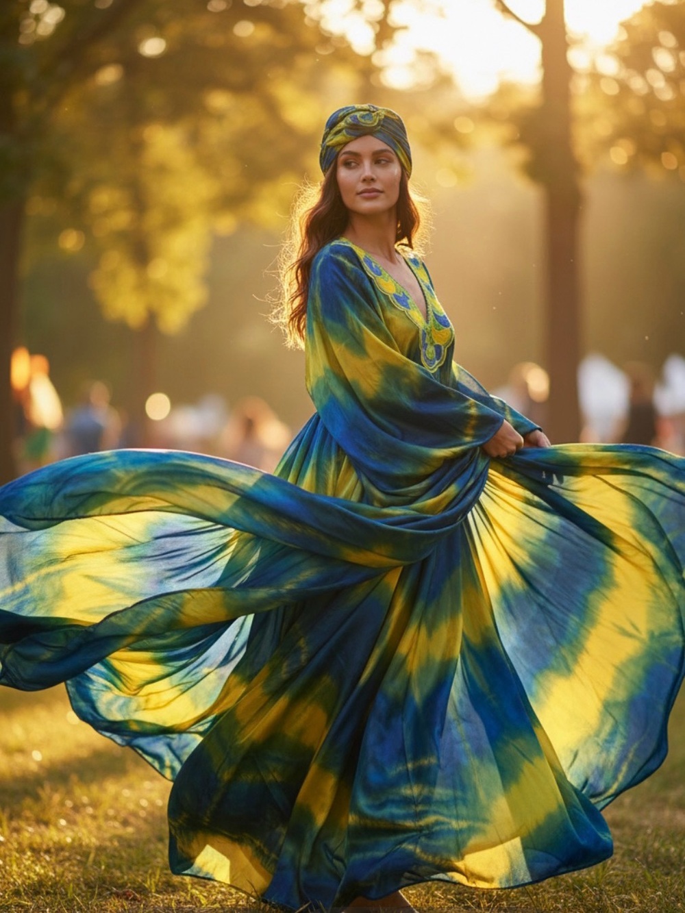 Festival Goddess Blue & Yellow Satin Caftan Dress & matching scarf